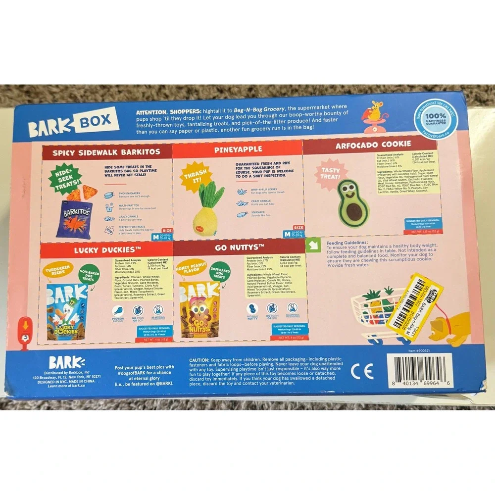BarkBox Beg-N-Bag Grocery Dog Toy and Treat Gift Set for Medium Dogs 20-50 lbs